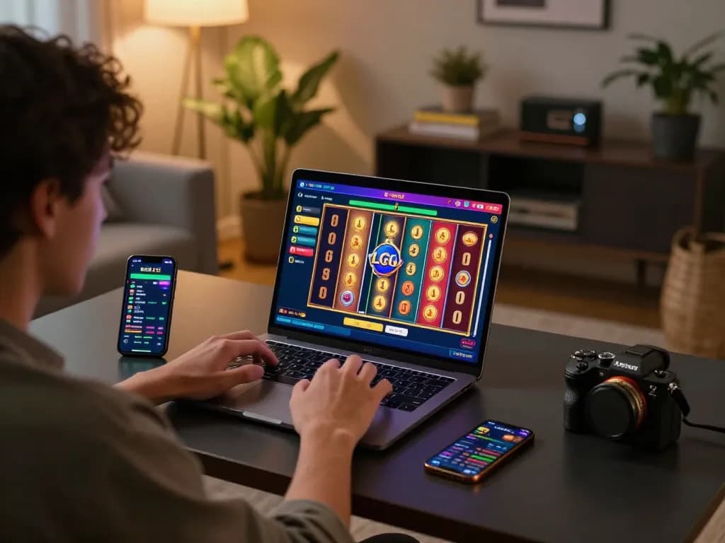 LGO SUPER player engaging with vibrant online slot game on laptop in cozy home setting.