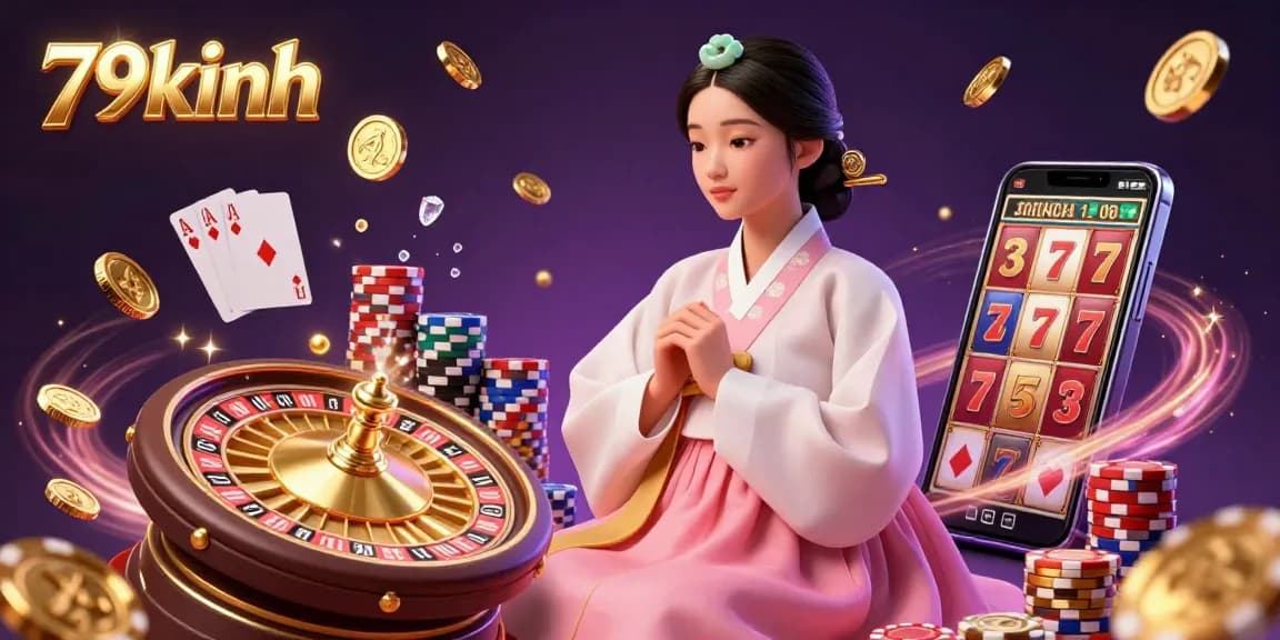 Experience the vibrant casino world of 79kinh with stunning visuals featuring cascading coins and a spinning roulette wheel.