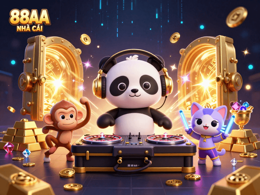 Engage with 88AA NHÀ CÁI in a vibrant, action-packed casino scene showcasing dynamic game elements and winning energy.