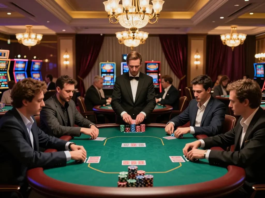 KADAL 778 poker action featuring engaged players and a professional dealer in a stylish casino setting.