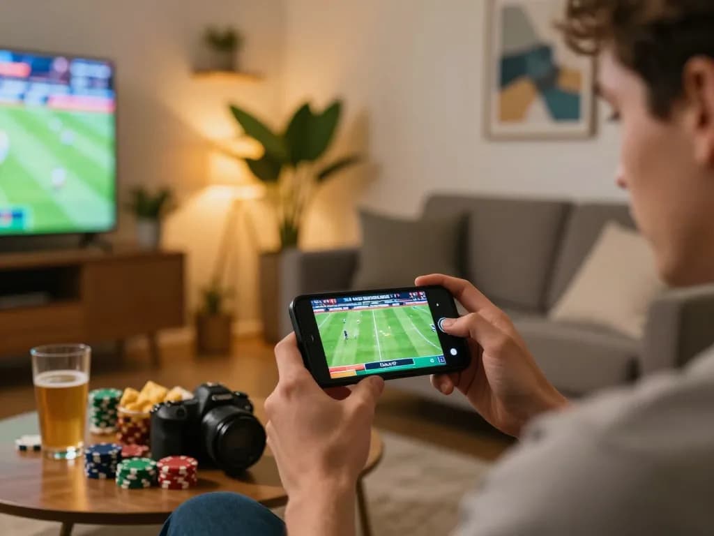 Player using f8betz app on a smartphone for sports betting in a cozy home environment