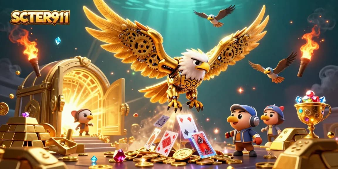 Experience thrilling SCATTER911 action with a cybernetic eagle soaring through holographic cards.