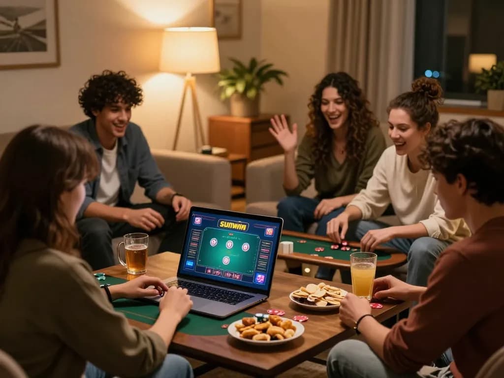 Friends strategizing on sunwin poker during a cozy home gaming night.