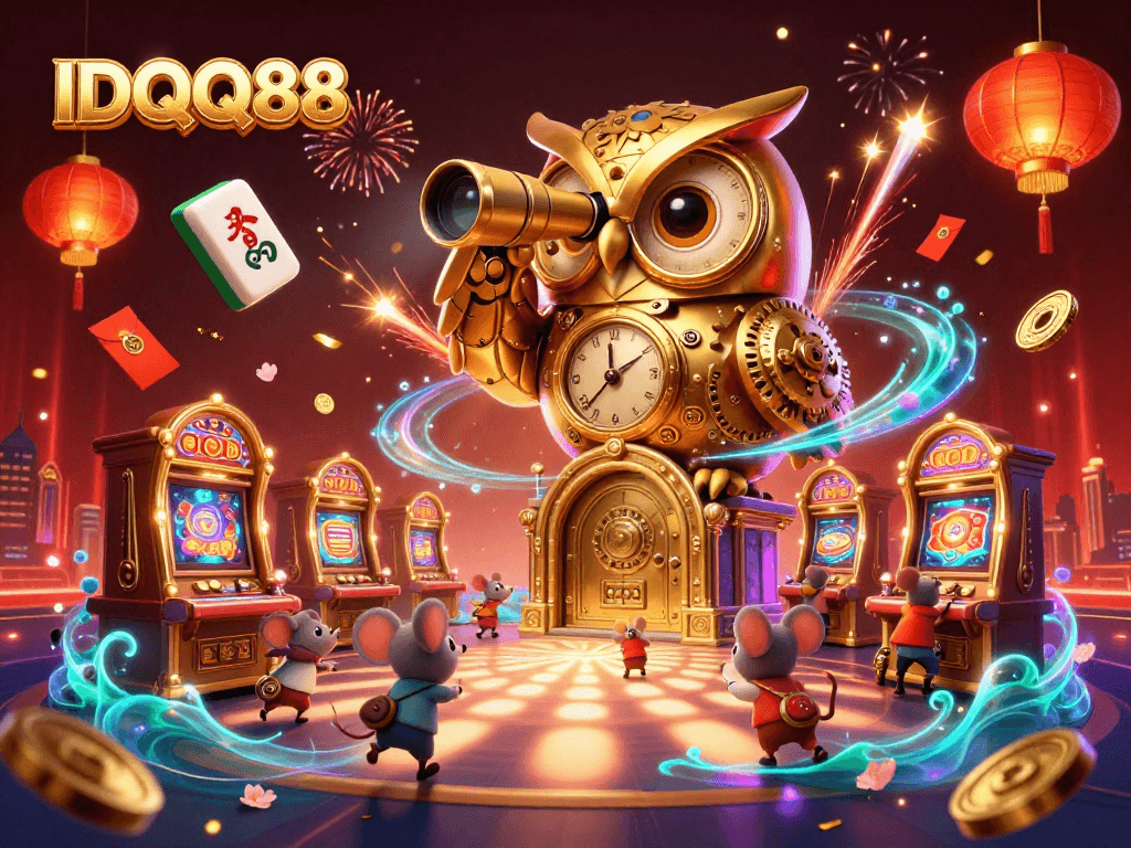Engage with IDQQ88's vibrant casino experience featuring a golden owl amid dynamic gaming elements.