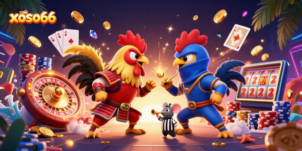 Xoso66 showcases an epic battle between 3D fighting roosters amidst stunning casino elements and vibrant graphics.