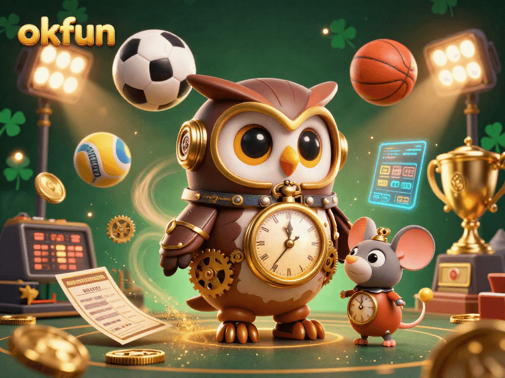 Engage with okfun's vibrant 3D illustration of a steampunk owl in a casino scene full of dynamic action.