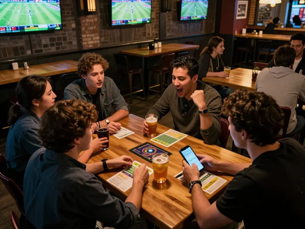 Excited sports bettors using nhandinhkeonhacai for live match betting in a social sports bar atmosphere