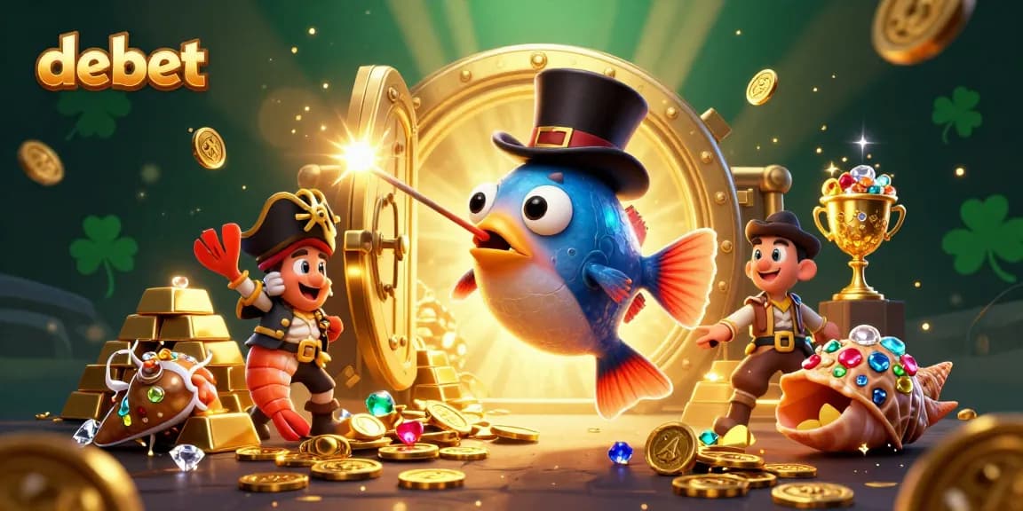 Engage in debet casino excitement with cartoon characters and treasures in an underwater scene.