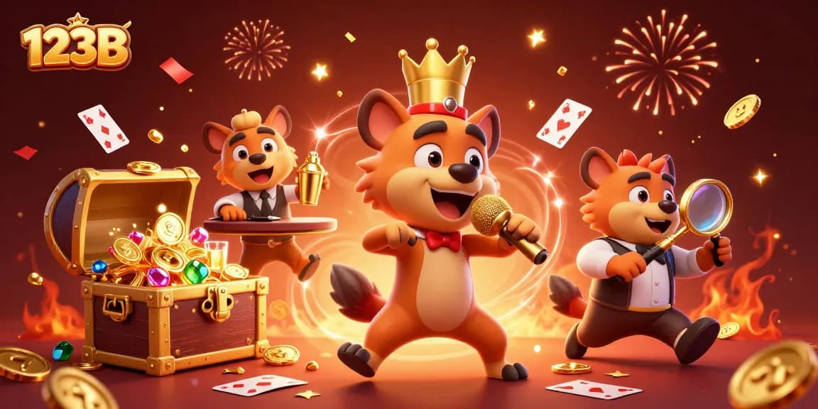 Experience laughter and excitement with the hyenas at 123B's comedy casino, surrounded by slot reels and festive elements.