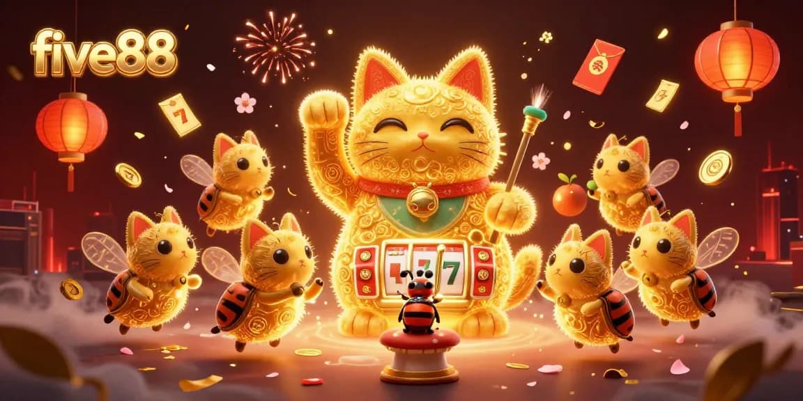 Engage with five88's vibrant casino world featuring a lucky cat and dynamic symbols.