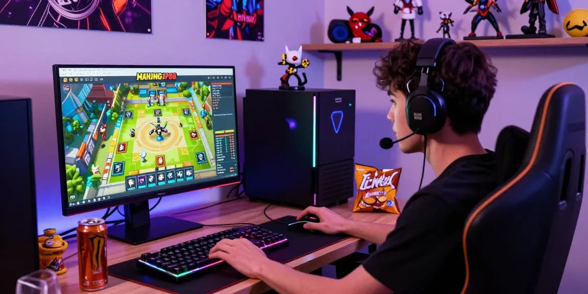Engaging gamer immersed in MAHJONGJP88 Online with vibrant setup and colorful ambient lights.