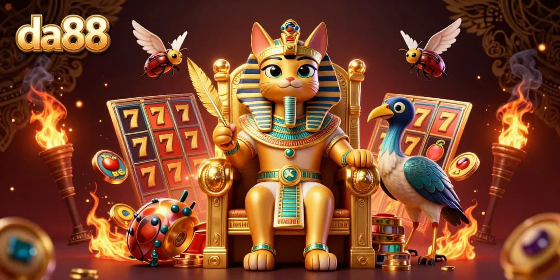 Spin winning slots at da88 featuring an Egyptian pharaoh cat, golden reels, and dynamic casino elements.