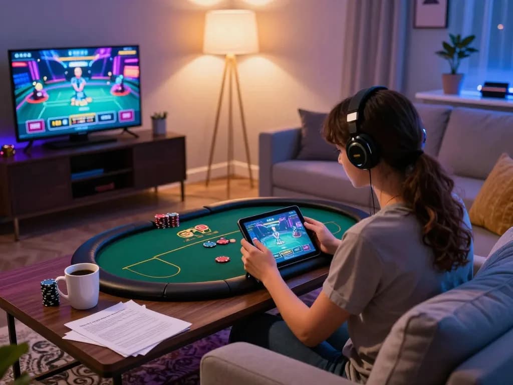 Engaged in online poker gameplay with 79 king in a cozy living room setup, showcasing strategic excitement.
