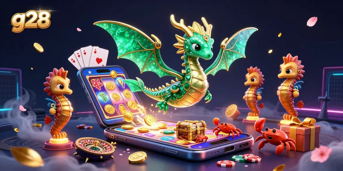 Experience thrilling gaming with g28 in an exciting 3D casino illustration featuring a dragon and vibrant game elements.