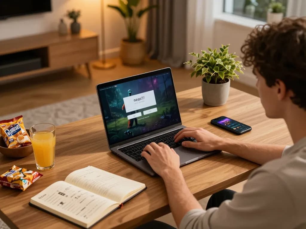 Nego77 login used on a laptop during an engaging online gaming session, showcasing strategy notes.