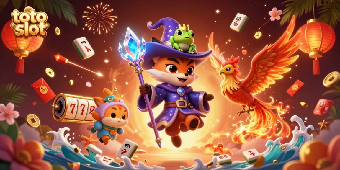 Engage with thrilling toto slot experiences in a vibrant illustration of mystical characters and casino elements.