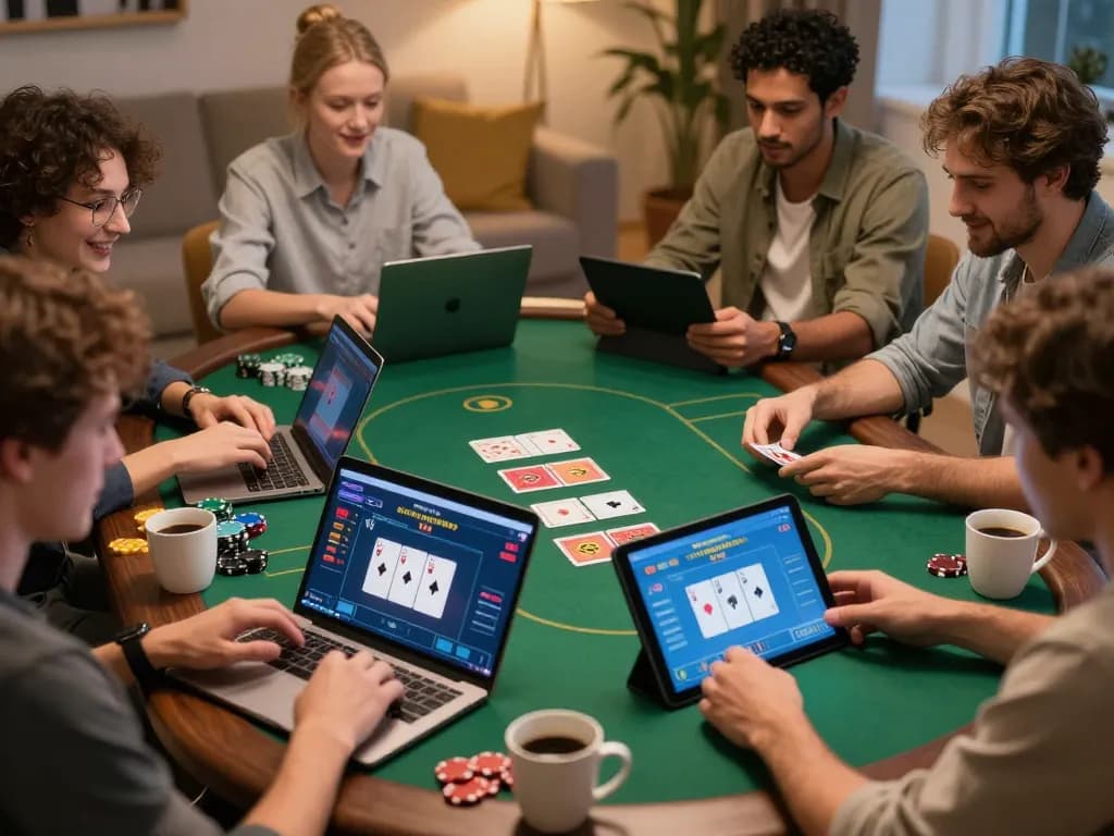 Players engaged in game online poker from home with laptops, showcasing strategic gameplay.