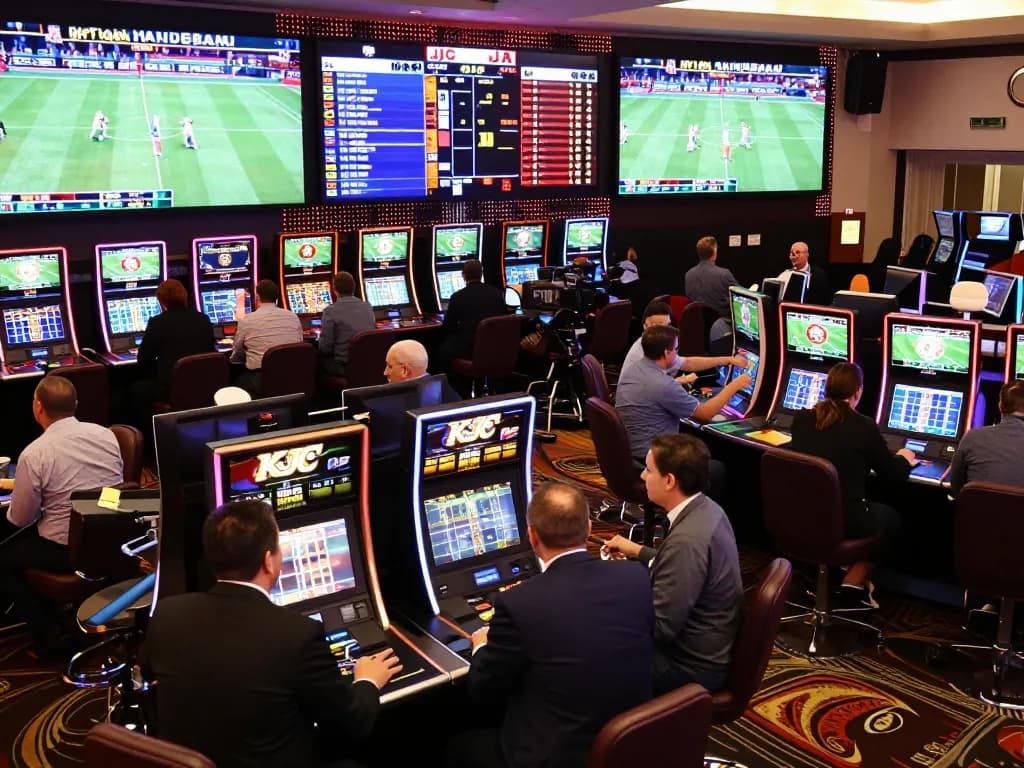 Watch bettors engaging in sports betting at KJC, vibrant casino atmosphere with live screens