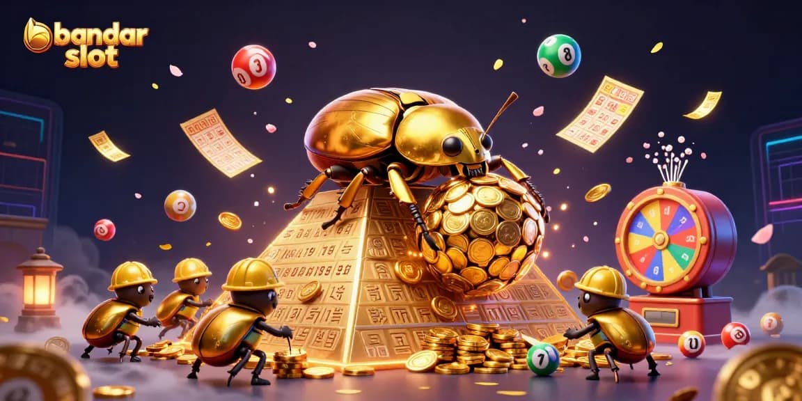 Experience the excitement of bandar slot with dynamic golden beetles celebrating big wins amidst colorful lottery elements.