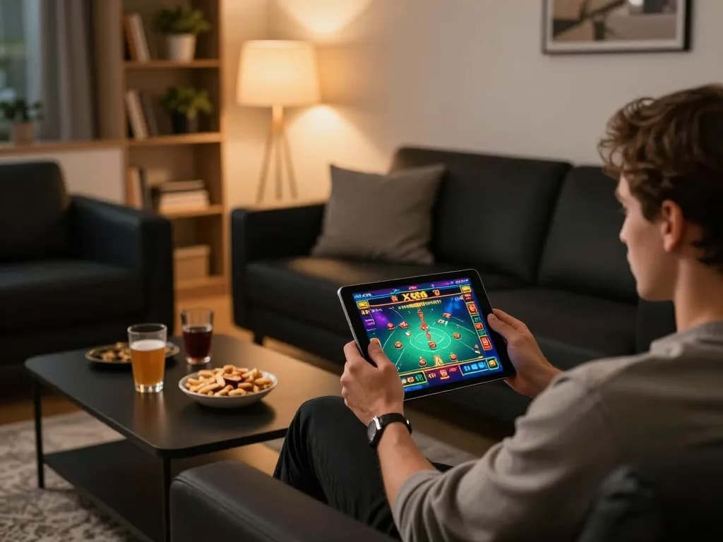 Player engaged in xx88 online gaming on a tablet in a cozy home setting
