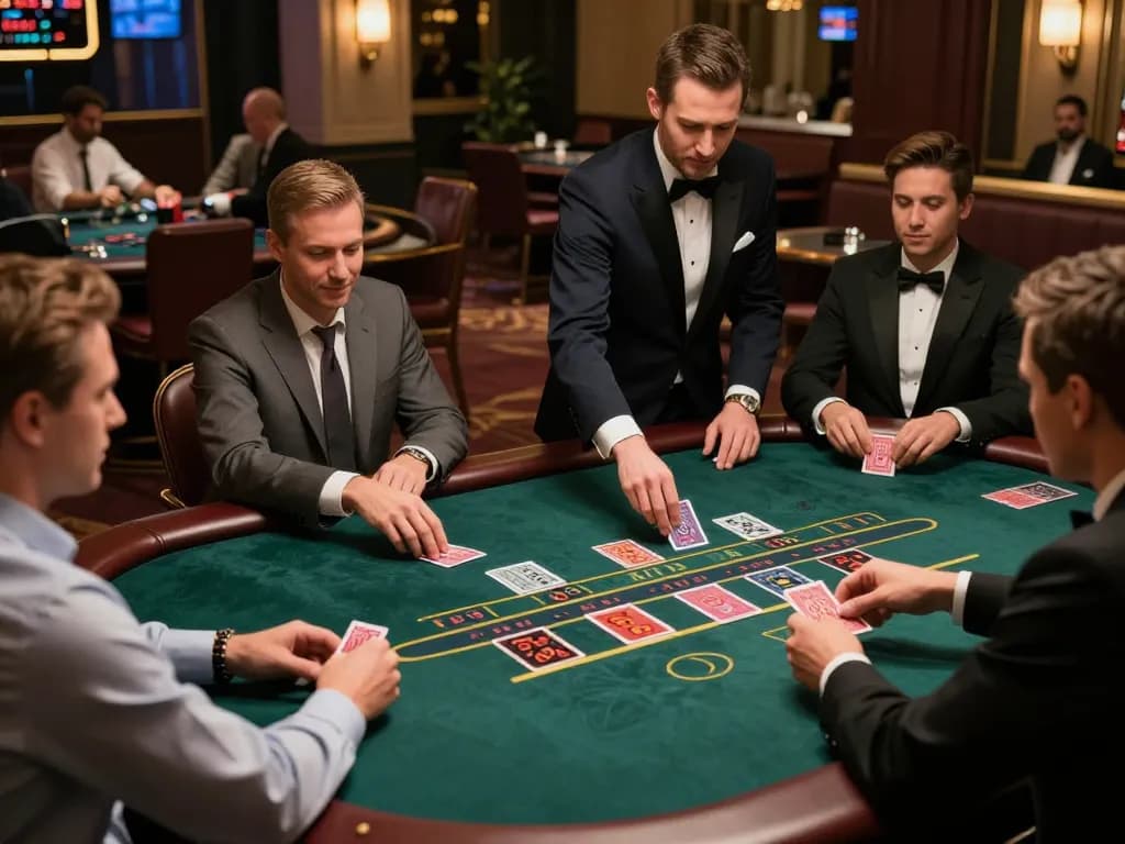 Players engaging in blackjack gameplay at cm88 casino, showcasing strategic bets and excited interactions.