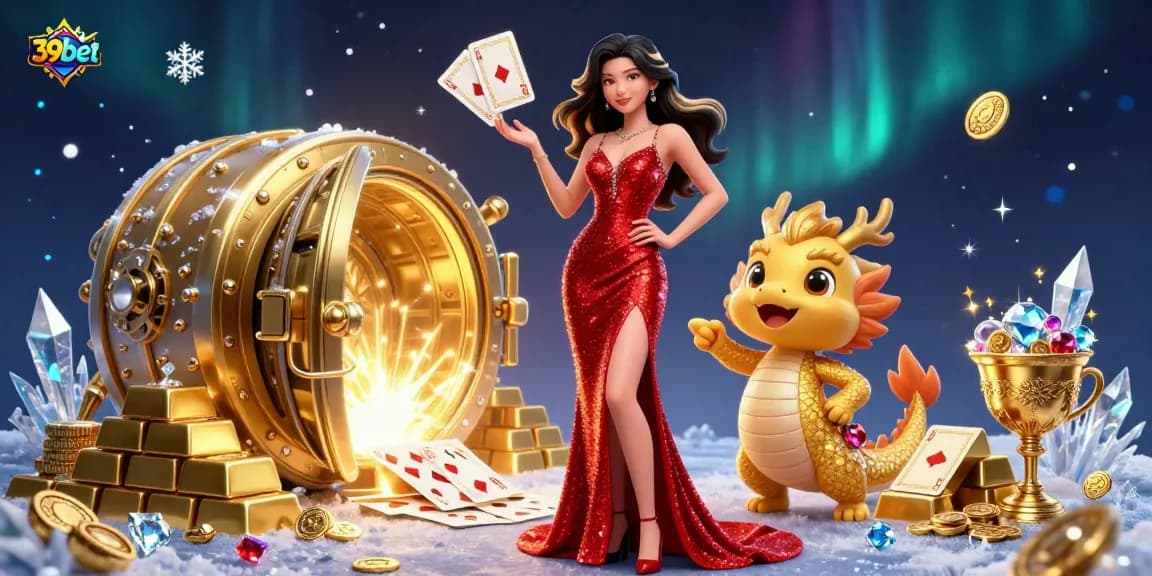 Win exciting rewards at 39bet with a stunning casino scene filled with treasures and playful characters.