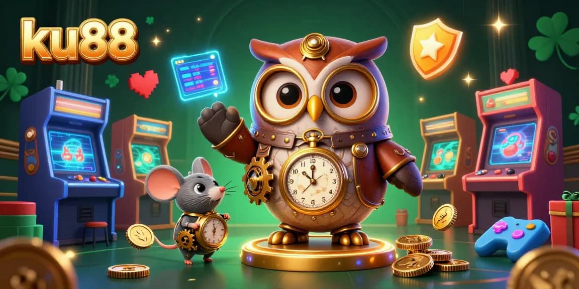 ku88 engages players in a vibrant 3D casino landscape with steampunk owl and colorful game elements.