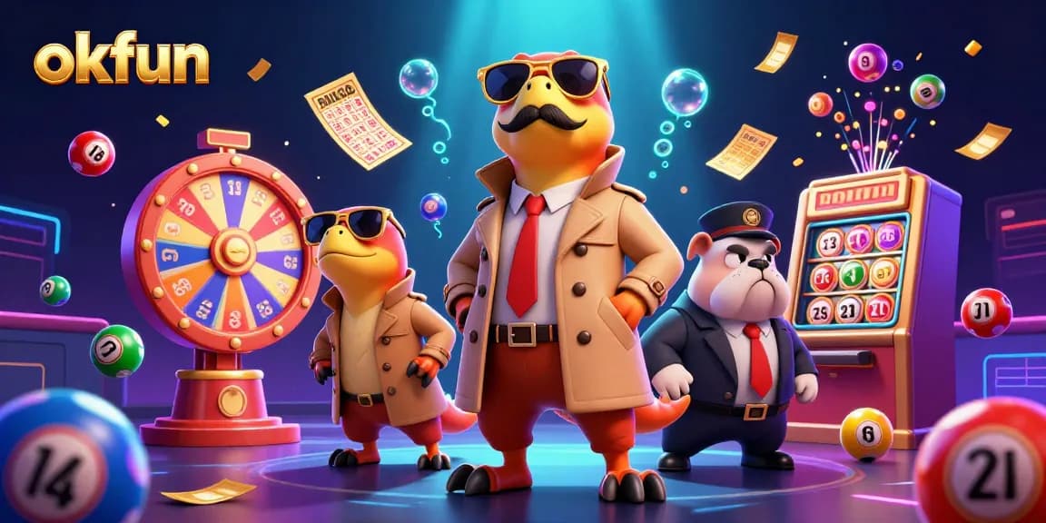 Win exciting jackpots at okfun, featuring raptors in a trench coat entering a casino lounge.