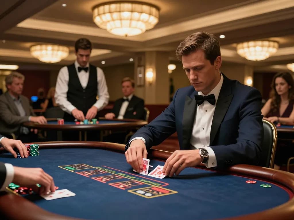 Player calculating odds at a poker game table in a luxurious casino environment, highlighting the strategy involved in 88clbgo gaming.