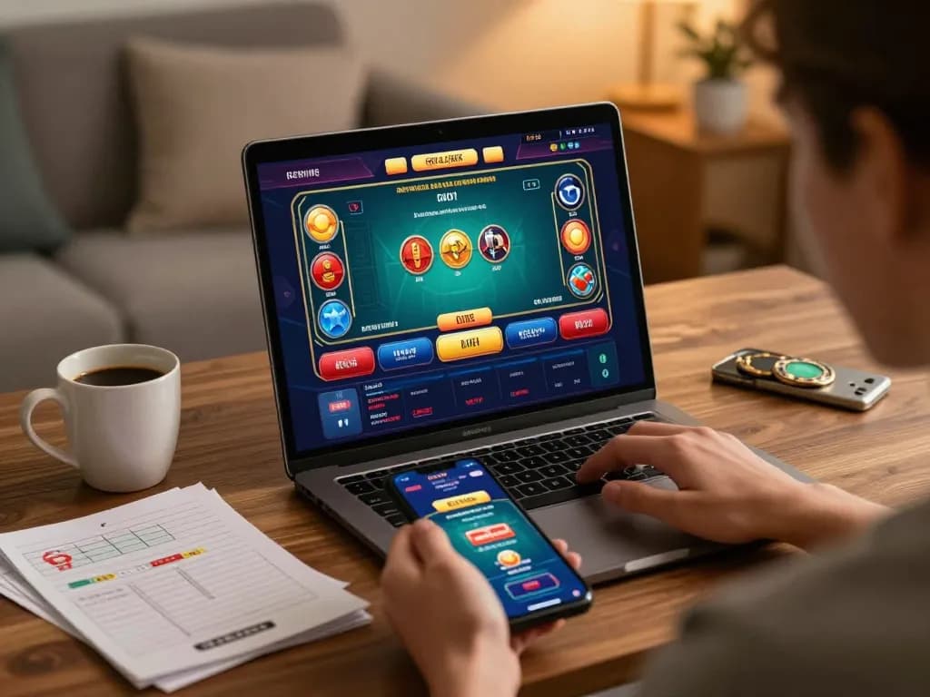 Person engaging in casino games online at home with 78wingo interface displayed on screen.