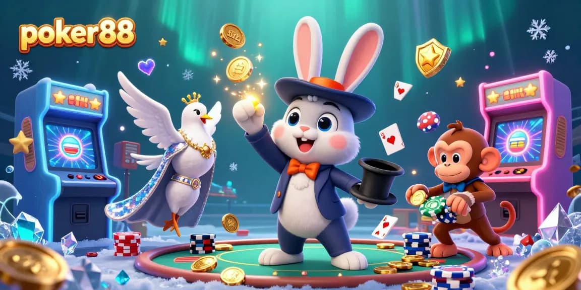 Experience poker88 thrills as a magician rabbit conjures coins, monkey swiped chips, and sparkling games surround.