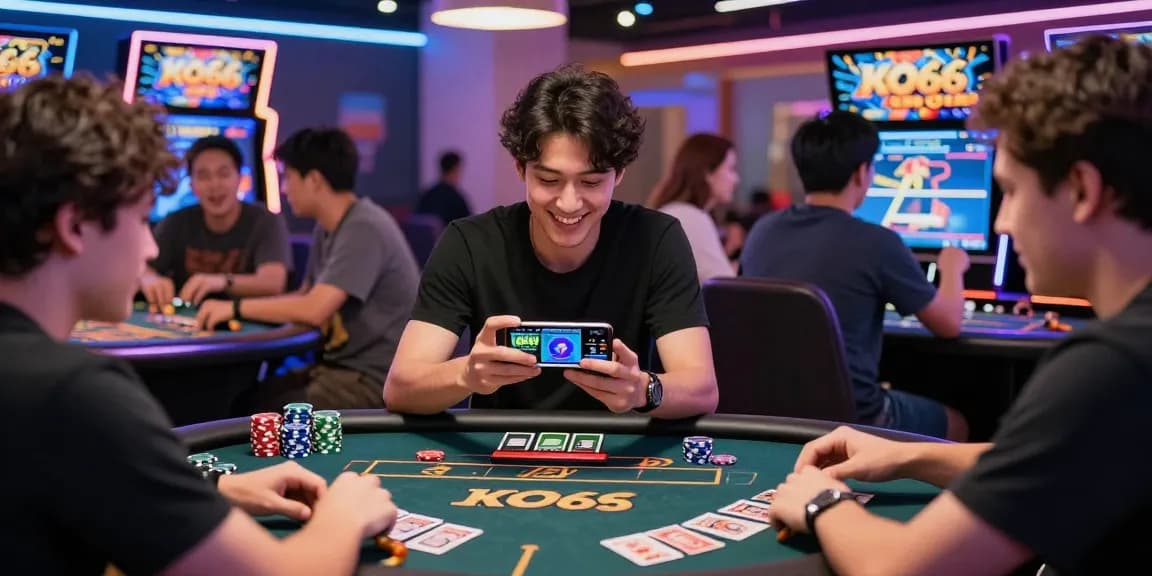 Players enjoying the KO66 app in a lively casino atmosphere with vibrant colors and excitement.