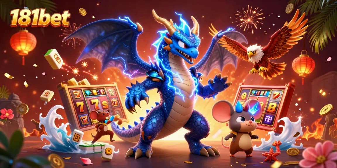 Bet on exciting games at 181bet, where a thunder dragon and glowing hawk await thrilling jackpots.