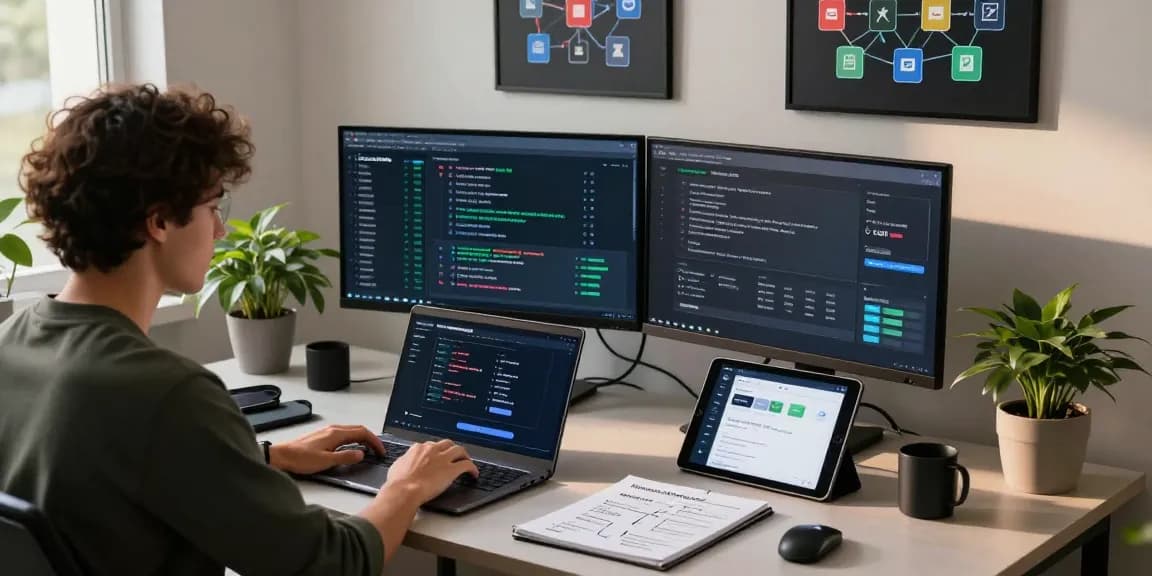 Developer analyzing cross-chain transactions on bungeeexchange in a modern workspace with blockchain visuals.