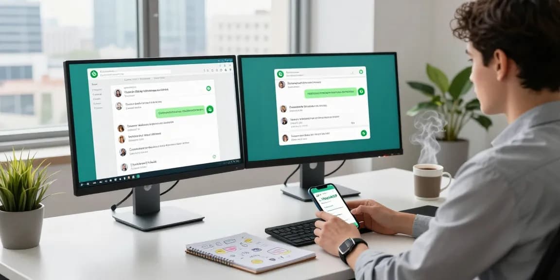 Using WhatsApp電腦版 in a modern workspace with dual monitors and smartphone.