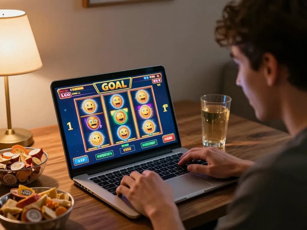 Player immersively engaging in an LGO GOAL online slot game at home, showcasing excitement and strategy.