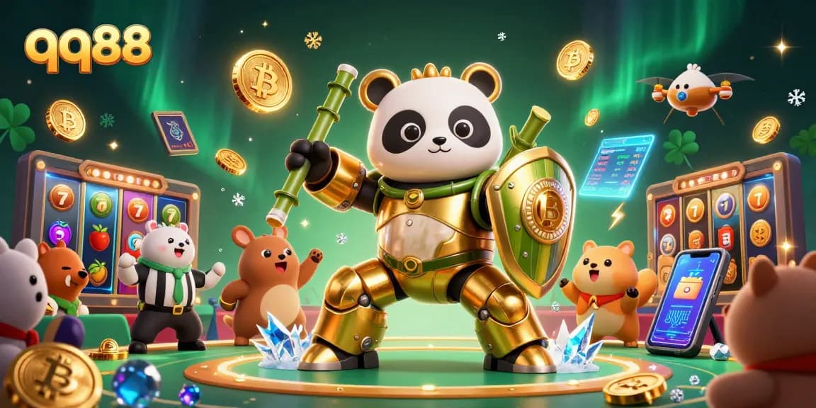 Experience thrilling gameplay at qq88 with a golden panda piloting a fierce robot in a 3D casino arena.