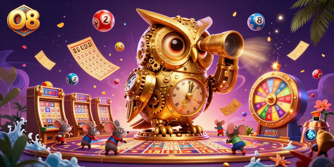 O8 casino features a golden owl scanning the floor amidst lively slot games and winning lottery elements.