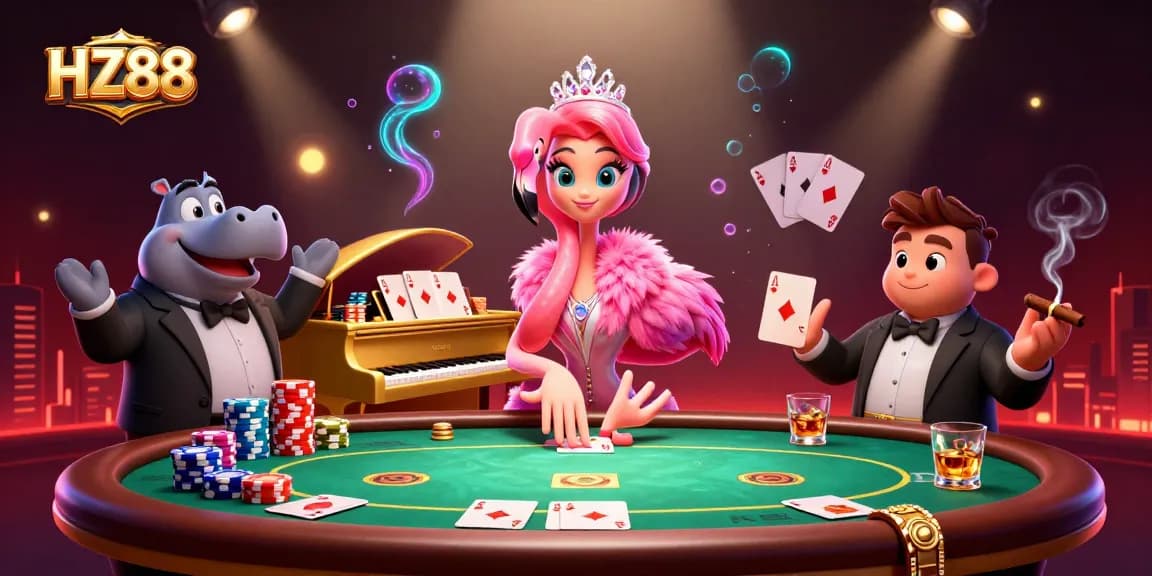 Experience vibrant action at HZ88 with a flamingo singer and hippo bassist in this dazzling casino scene.