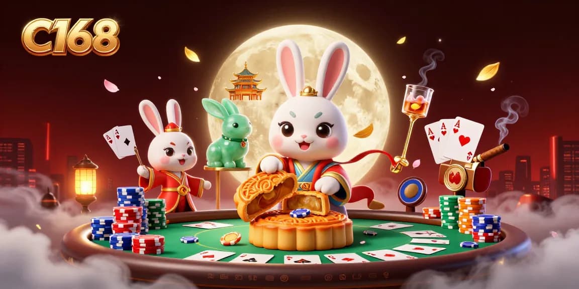 Experience thrilling gambling action at C168 with a mystical moon rabbit and vibrant poker chips.