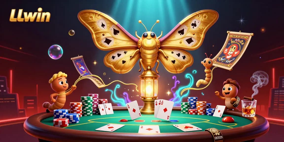Engage with LLwin's vibrant gaming scene featuring an atlas moth, poker elements, and rich casino visuals.