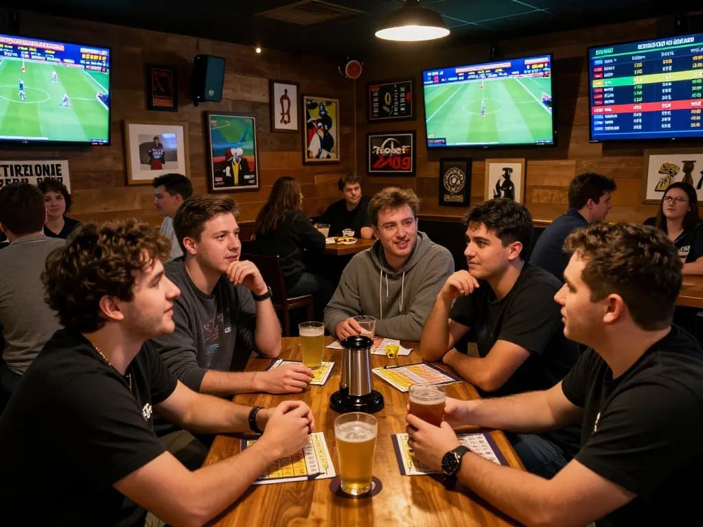 Friends engaging in sports betting at a lively bar, tracking fabet odds and cheering for their teams