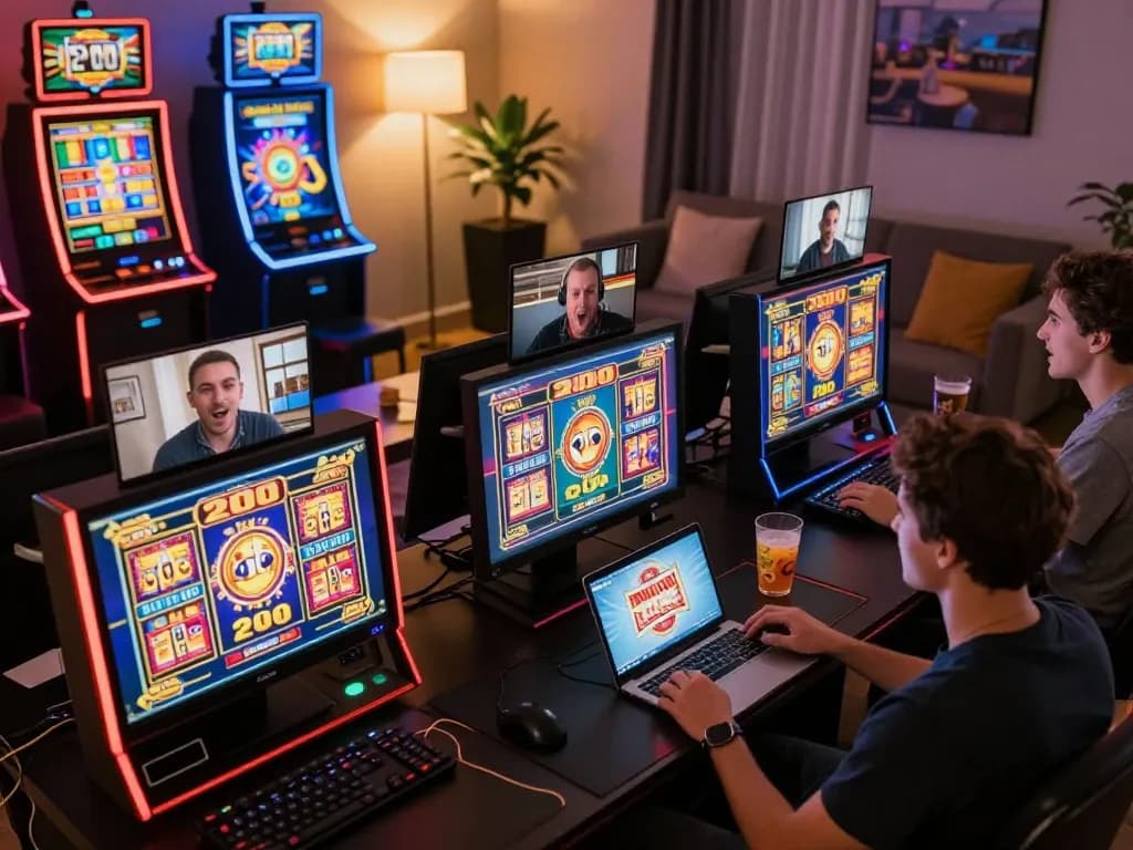 Engaged players enjoying slot bet 200 online games in a vibrant home casino atmosphere.