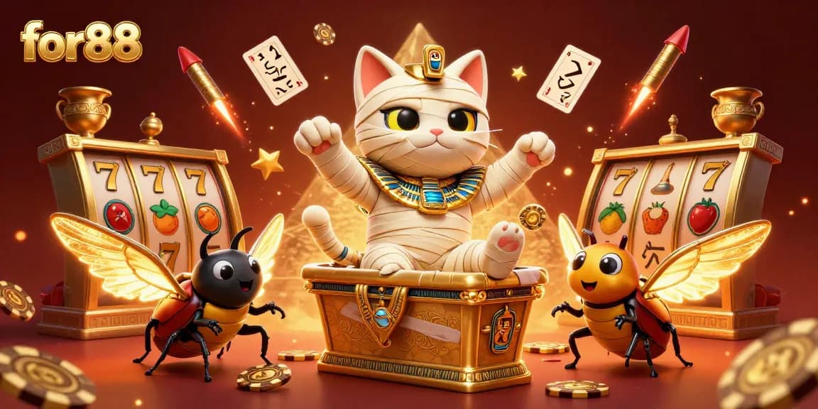 Engage with the ultimate gaming experience at for88 featuring a dynamic casino scene with a mummy cat and scarab beetle.