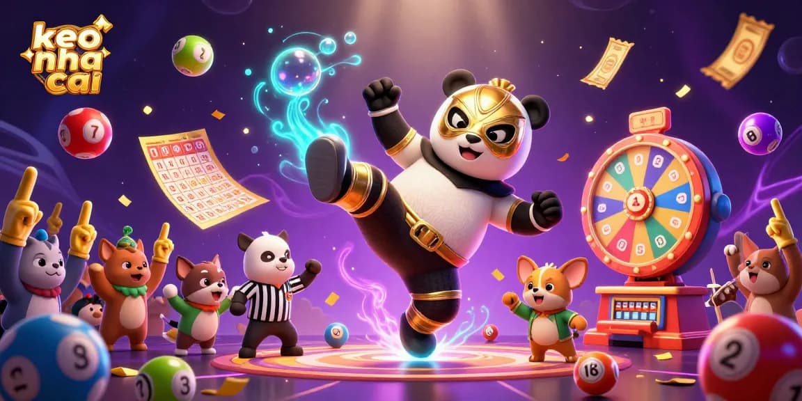 Experience thrilling gaming at keo nha cai with a vibrant illustration of a panda wrestler and dynamic lottery elements.