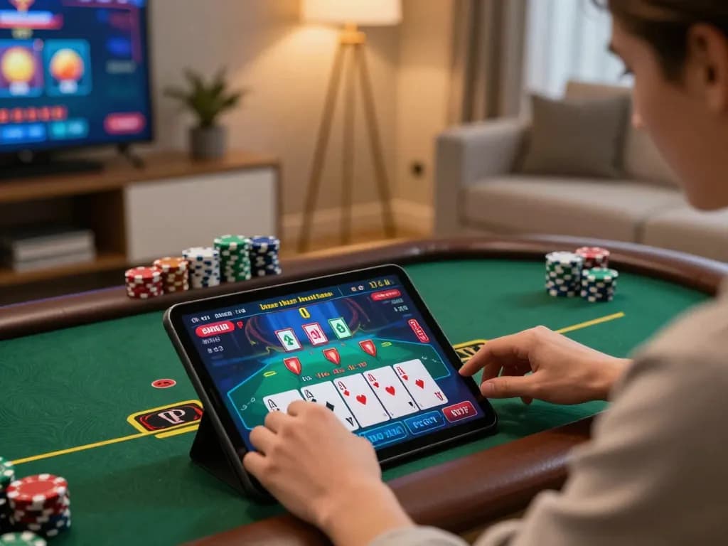 MM88 player strategizing in an exciting online blackjack game displayed on tablet in a cozy home setting