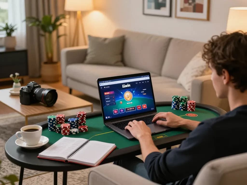 Player engaging in online casino action with LLwin interface on laptop, cozy home atmosphere