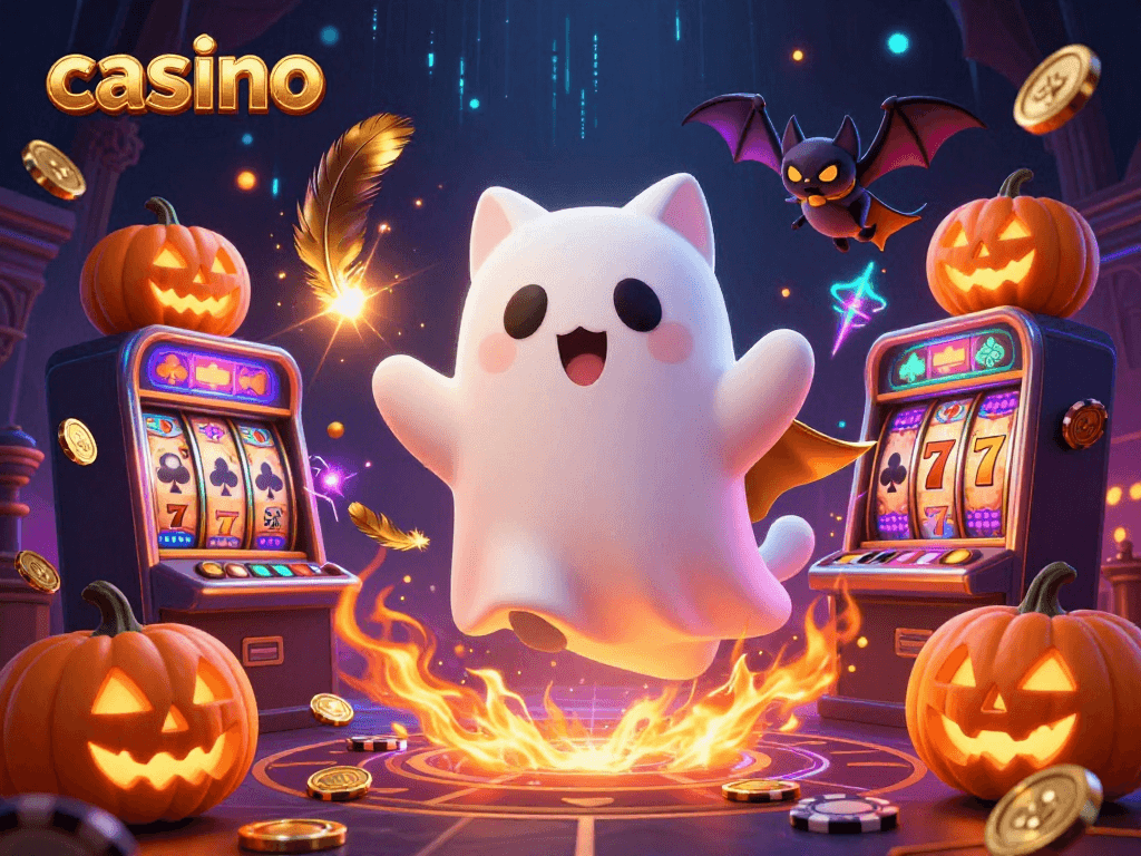 Experience thrilling casino adventures with a ghost cat and vampire bat in a vibrant scene bursting with winnings.