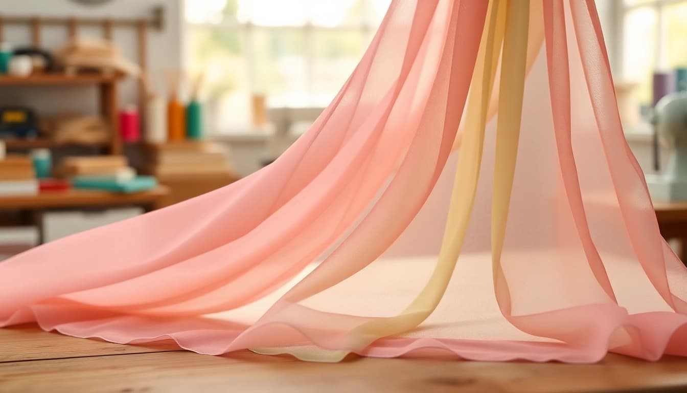 Chiffon stof prachtig gedrapeerd in een handgemaakt atelier, perfect voor modeontwerpers.