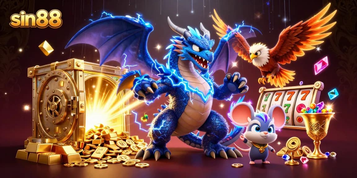 Engaging scene at sin88 with cartoon dragon, hawk, and slots, radiating excitement and treasures.